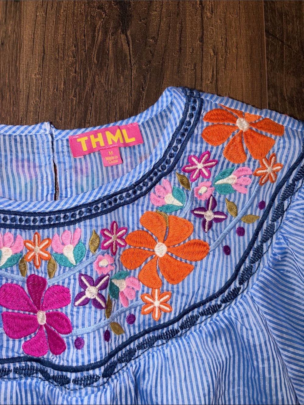 NWOT THML Light Blue Striped Puff-Sleeve Top with Floral Embroidery - Picture 2 of 9